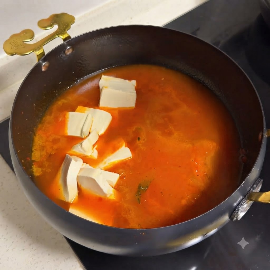 Dark savory sauce being poured into a pan with beef and tomatoes.