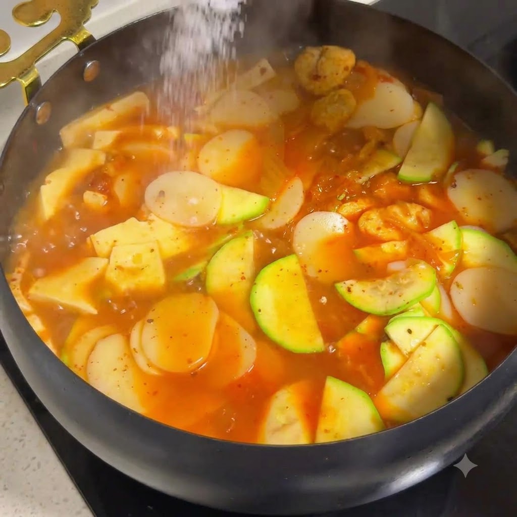 An overturned bowl of white rice placed in the center of the skillet.