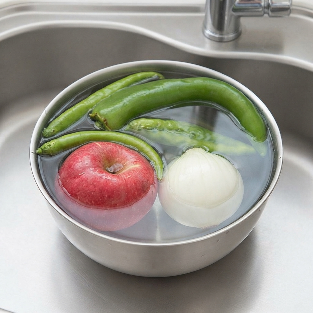 Green peppers, an apple, and an onion submerged in a metal bowl of water inside a kitchen sink.