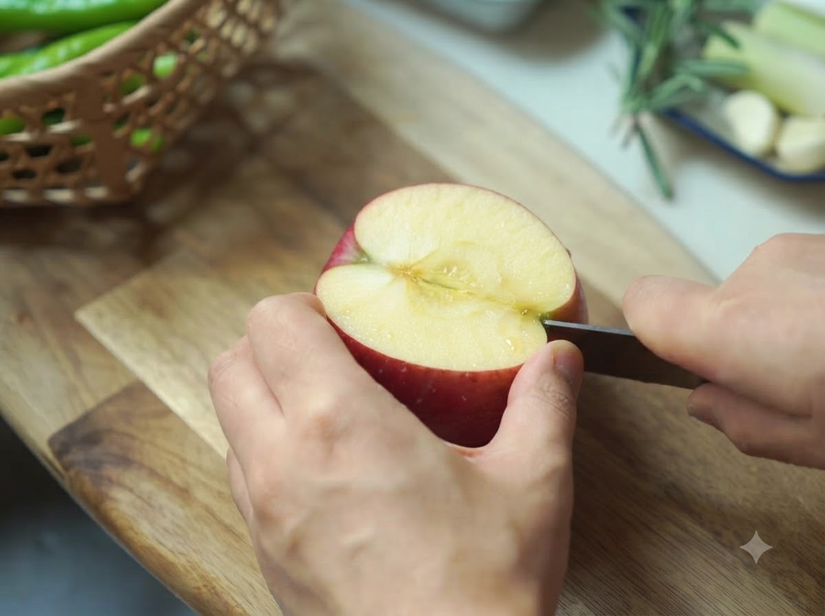 An apple being sliced on a wooden cutting board with a knife held in hand.