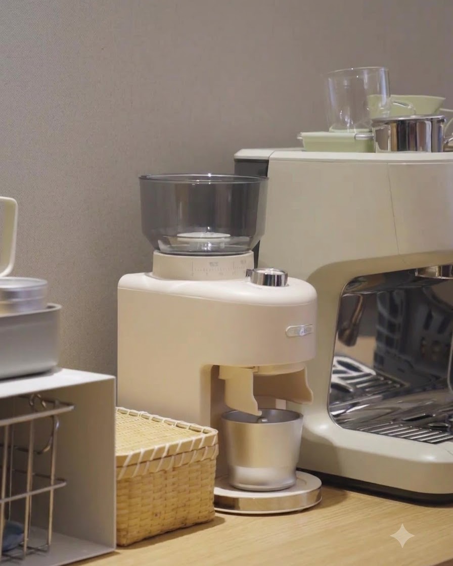 A beige coffee grinder sitting on a kitchen counter next to an espresso machine.