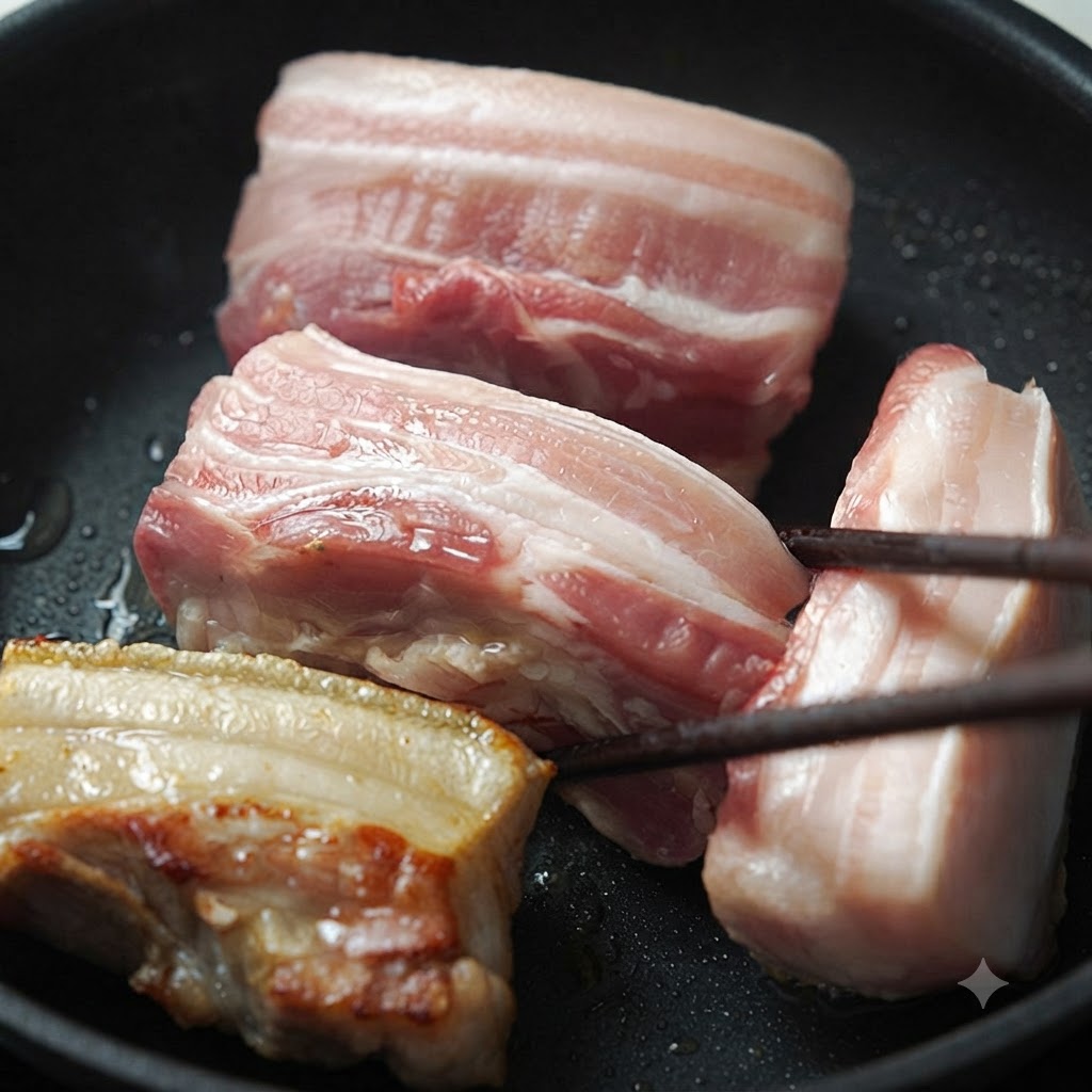 Multiple pieces of pork belly being turned with chopsticks in a frying pan, with one piece showing a browned crust.