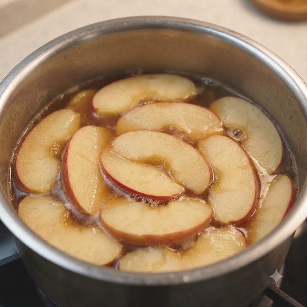 Apple slices floating uniformly in a pot filled with seasoned broth.
