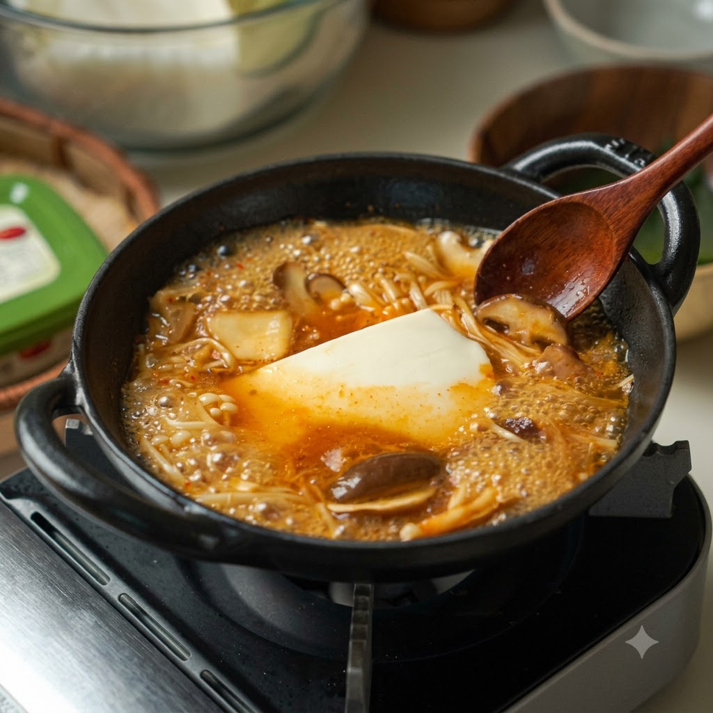 A block of tofu and mushrooms boiling in a dark savory broth inside a cast-iron pot.