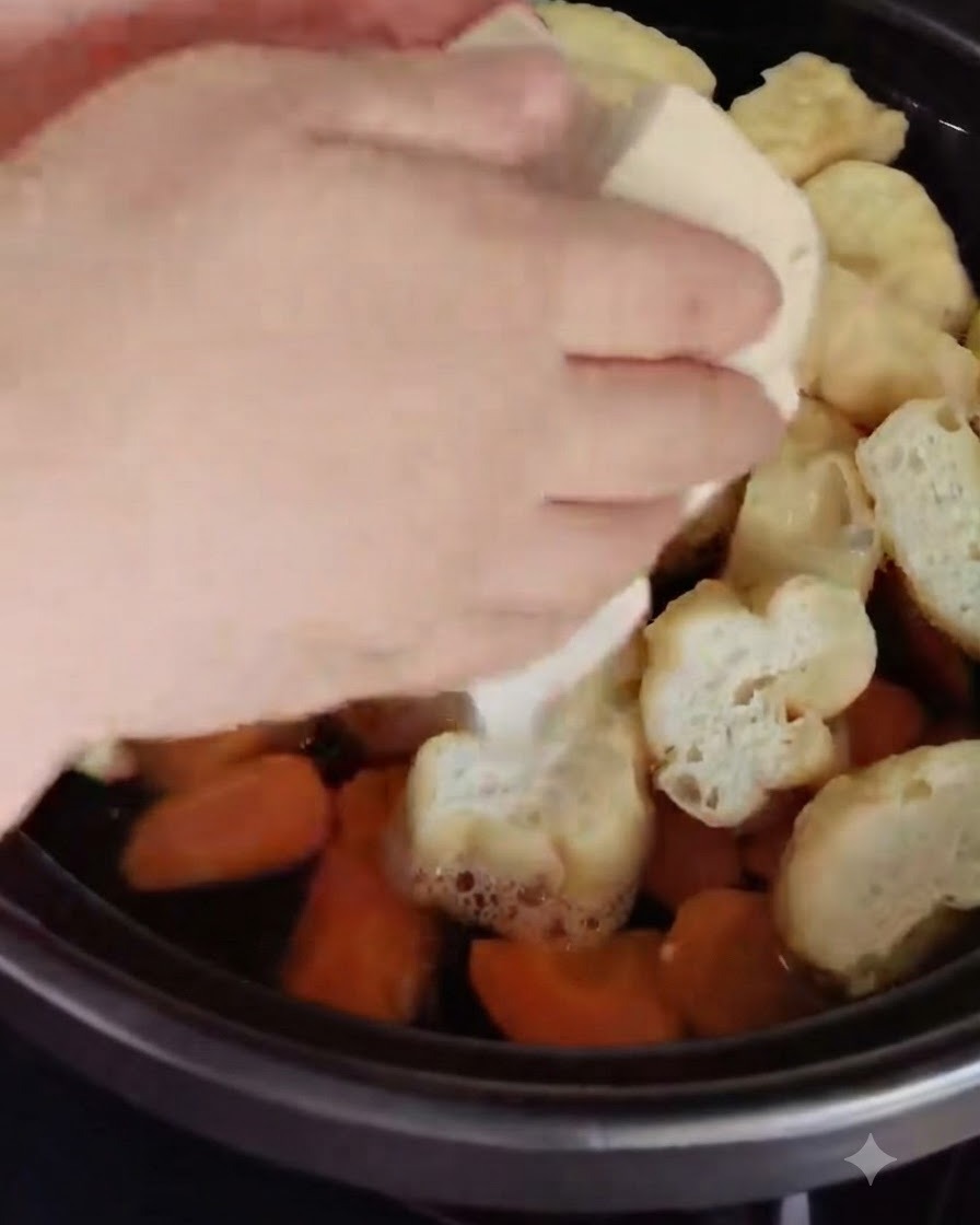 White tofu cubes being added into a pot filled with cooking ingredients.