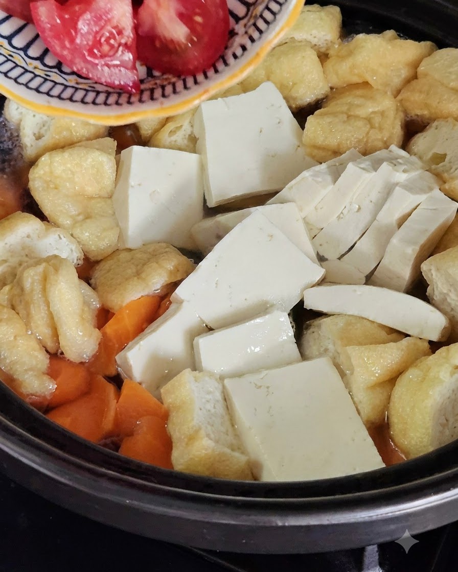 Chopped tomatoes being poured from a small dish into the pot.