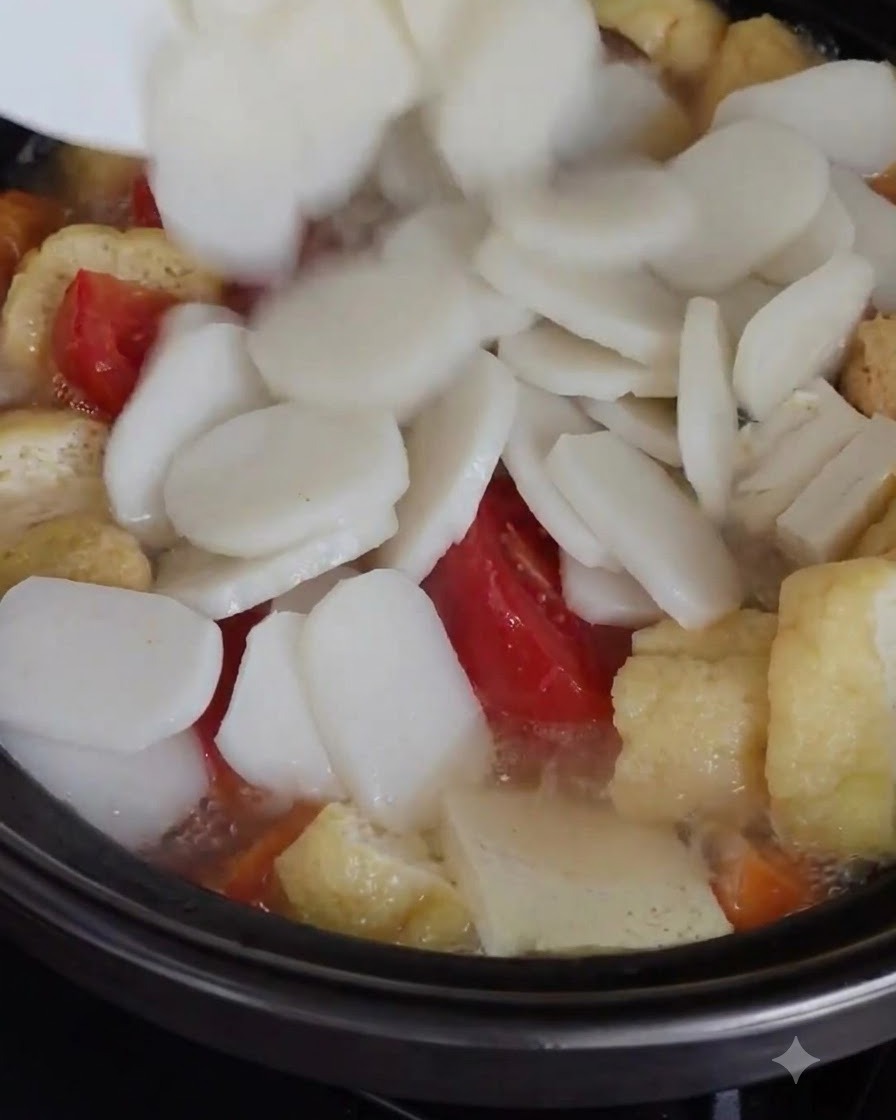 Rice cake slices being added to the bubbling pot and stirred with a utensil.