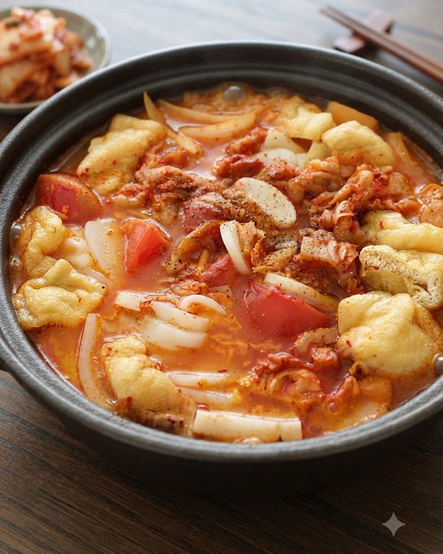 A close-up of black pepper being sprinkled over a bubbling pot of kimchi soup.