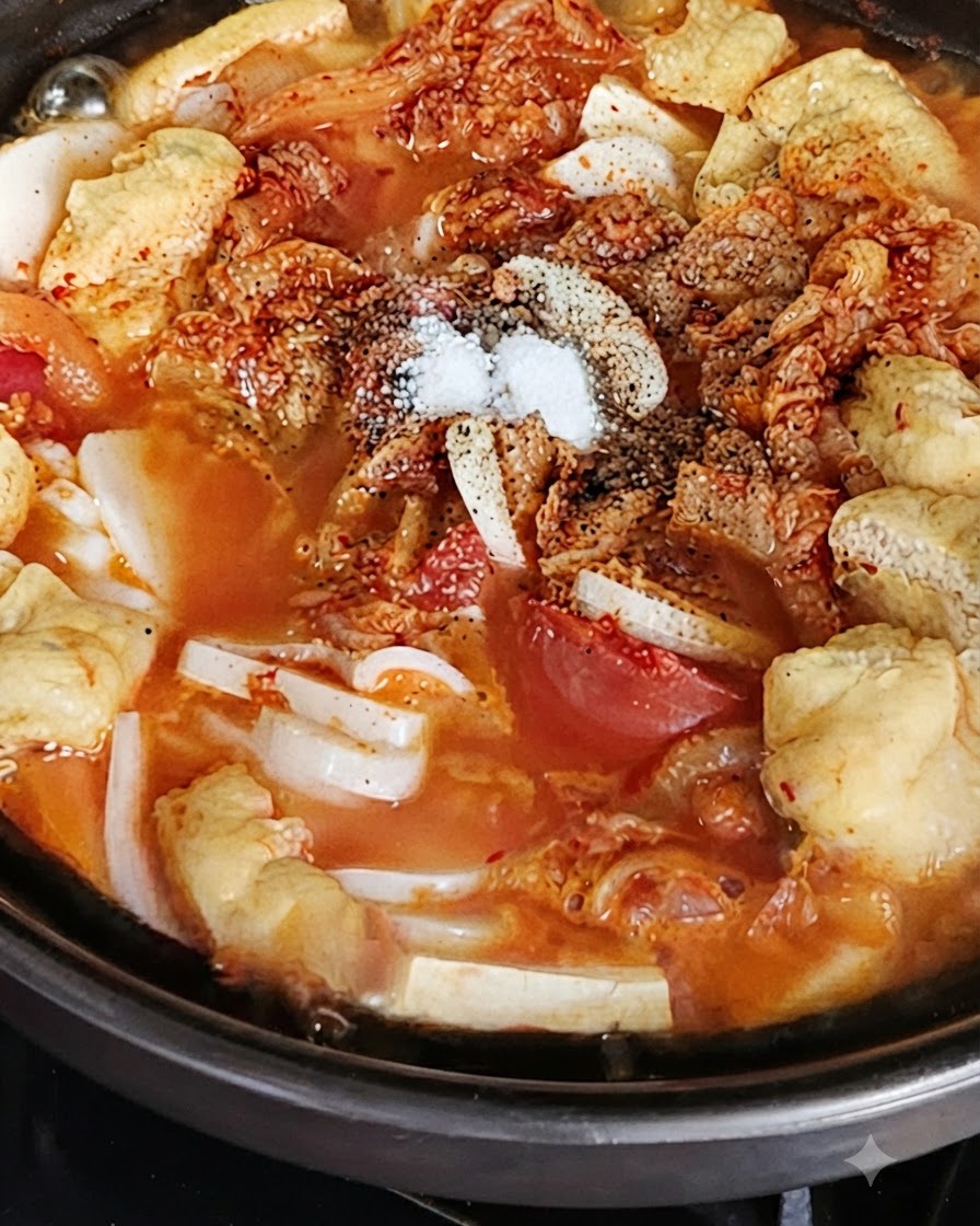 Salt being added to the center of a bubbling hot pot dish.