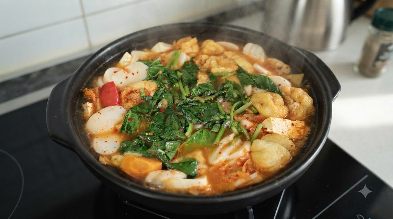 A steaming black pot filled with vibrant red kimchi rice cake soup and fresh green garnishes