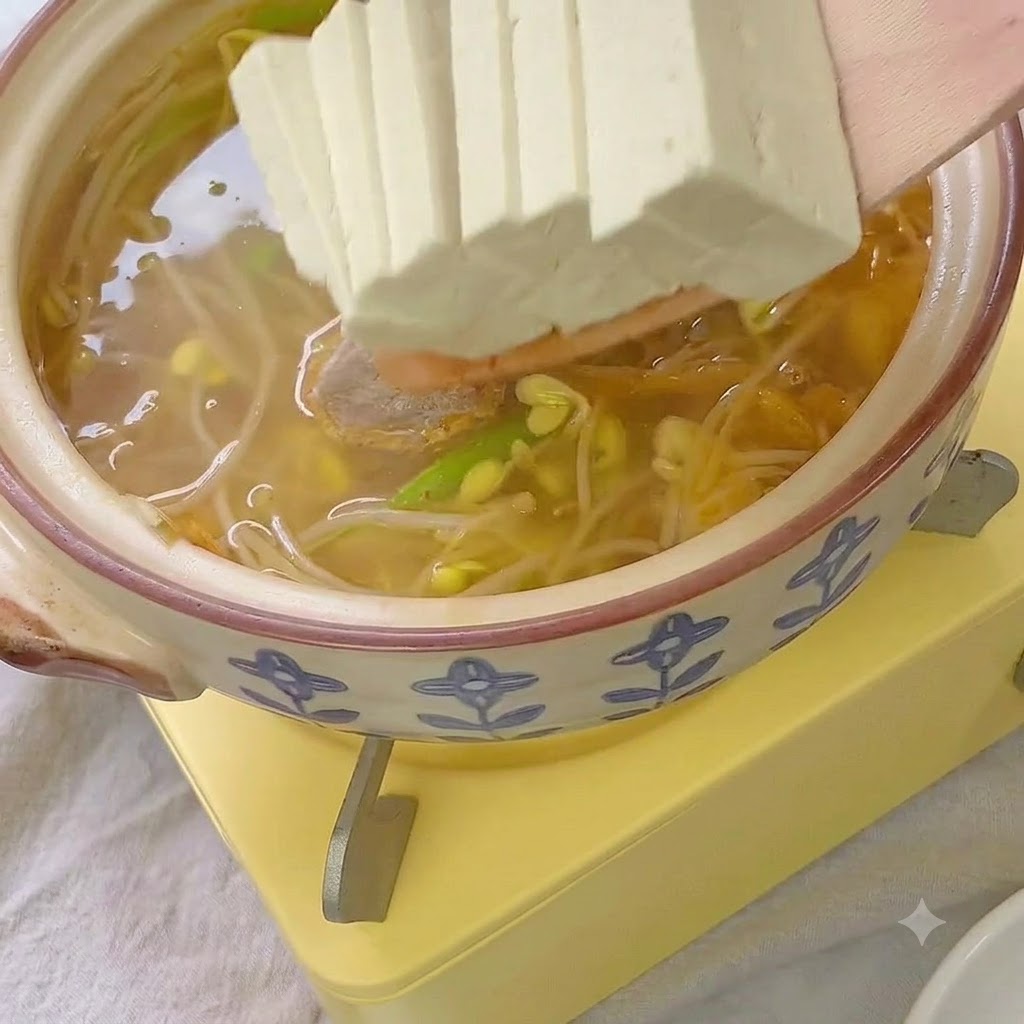 Slices of firm tofu and meatballs being added to the pot of broth.