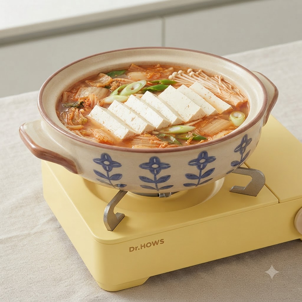 Fresh enoki mushrooms and frozen dumplings neatly placed into a simmering pot of Korean soup.
