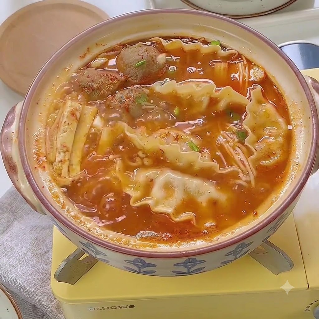 A hot cooked pot of Korean kimchi dumpling soup garnished with chopped green onions and white sesame seeds.