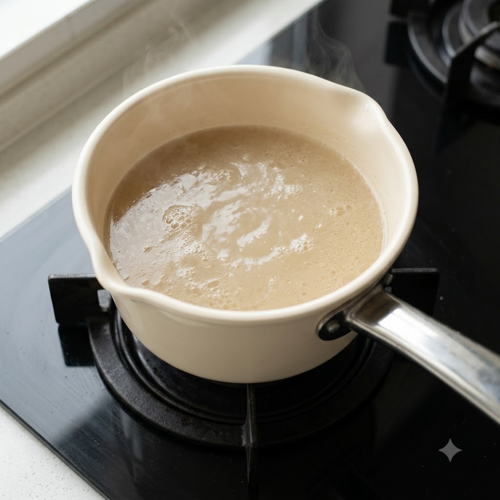 A pot of milky beef bone broth simmering on a stovetop.