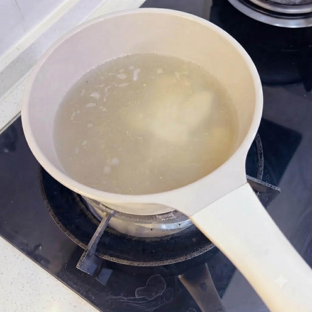 Minced garlic being stirred into the soup pot with a wooden utensil.