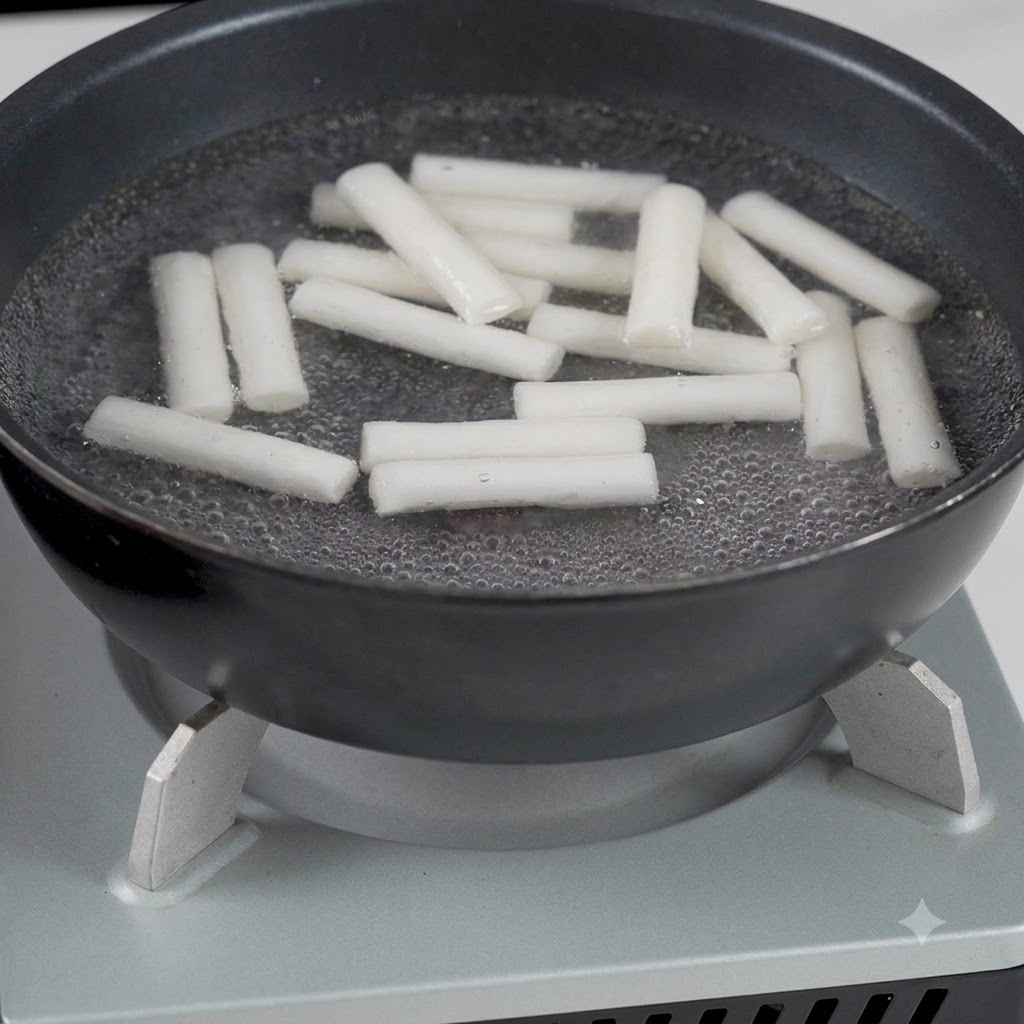 Rice cakes boiling in water inside a pan on a portable stove.