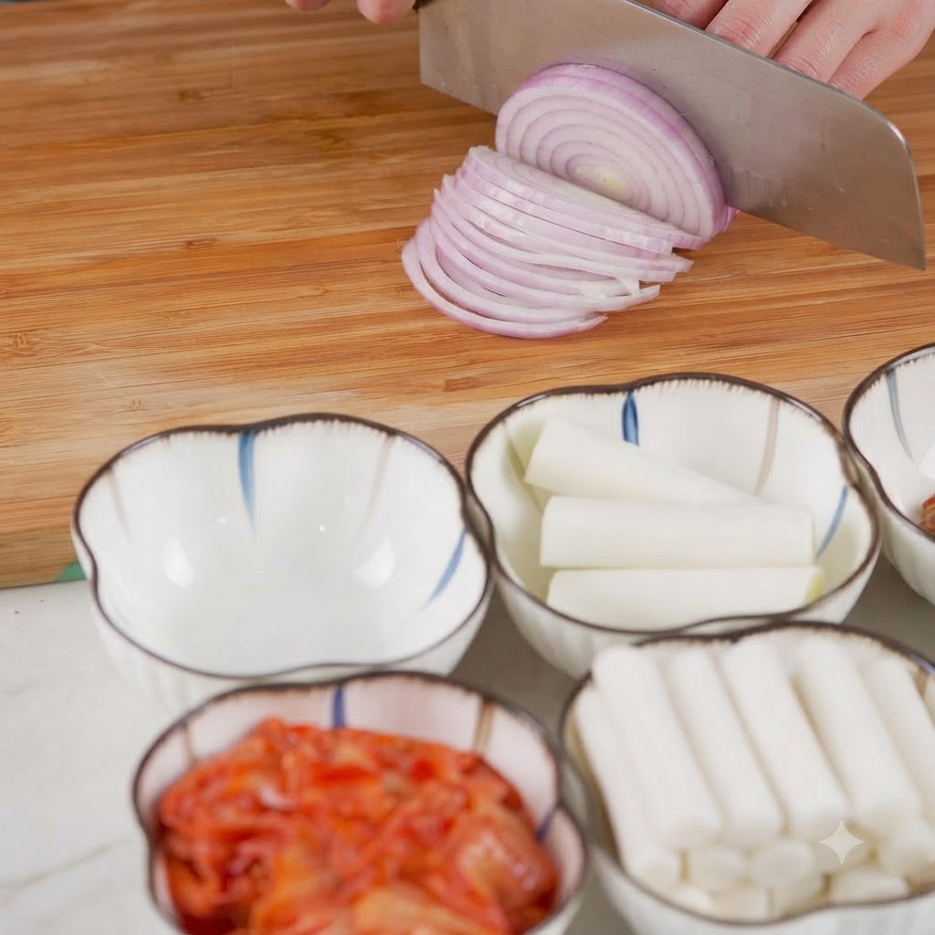 A knife slicing a red onion on a wooden board next to bowls containing other ingredients.