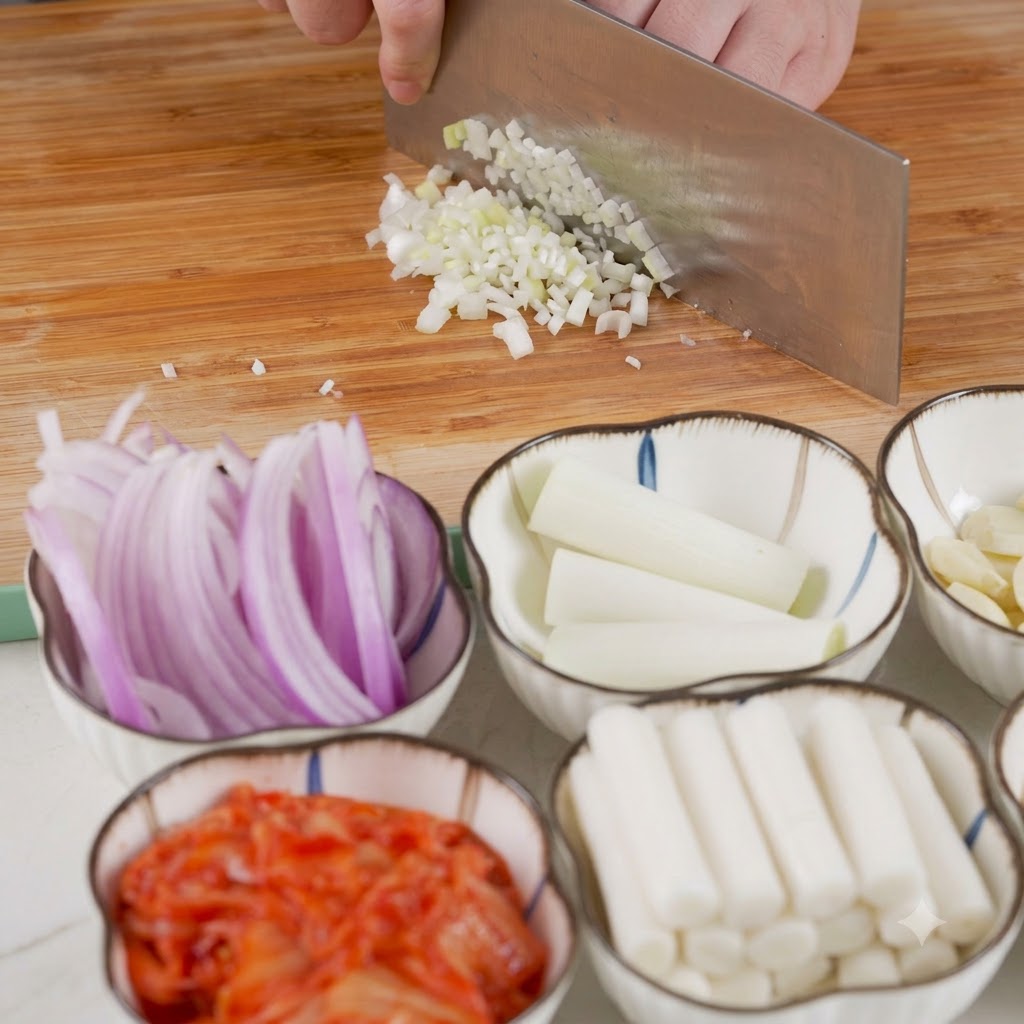 A kitchen knife chopping green onions on a wooden cutting board.