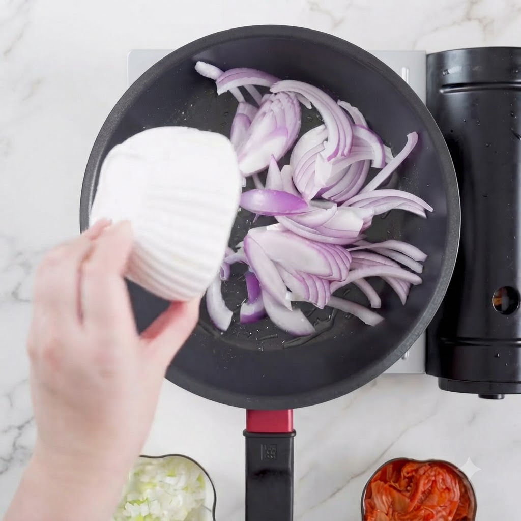 Sliced red onions being poured from a bowl into an oiled pan.