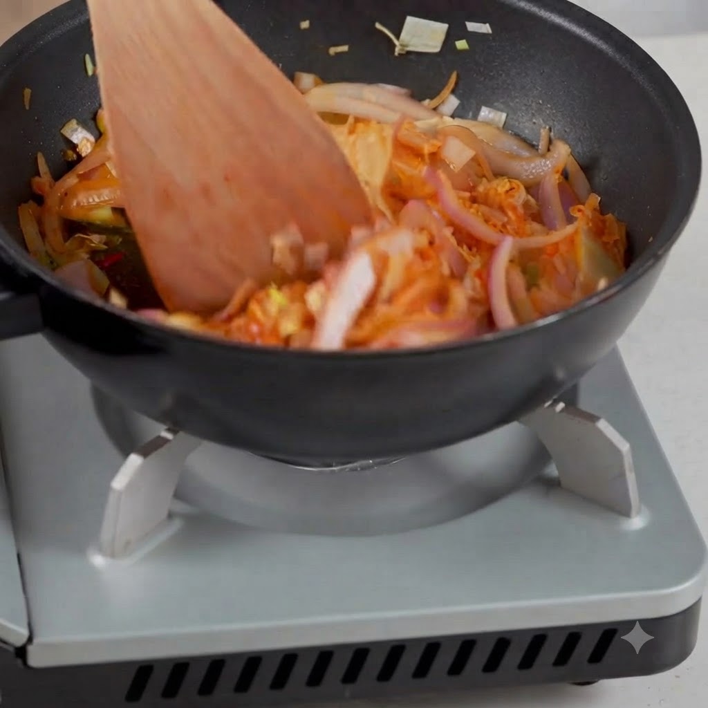 Water being poured into a pan with sautéed kimchi and sliced onions.