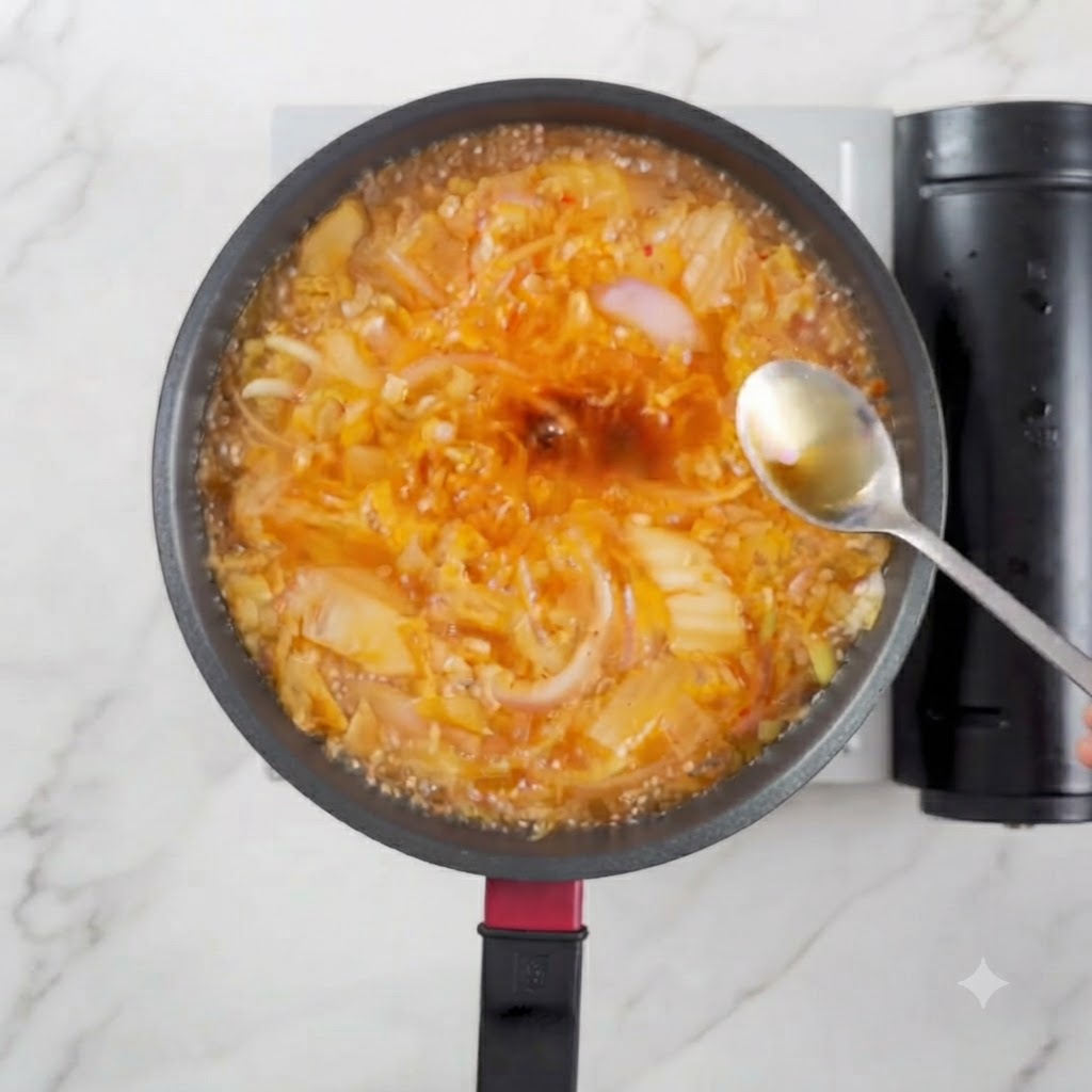 A spoonful of sesame oil being dropped into a bubbling pot of kimchi soup.