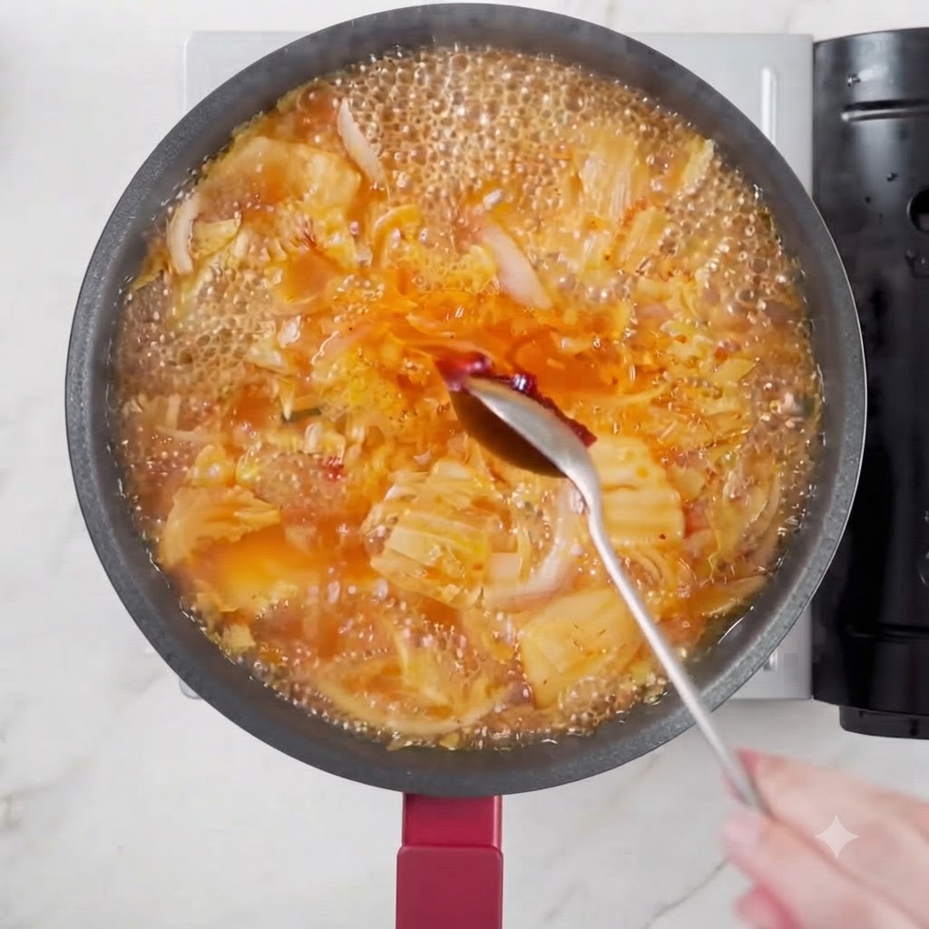 Korean hot paste on a spoon being added to the bubbling broth.