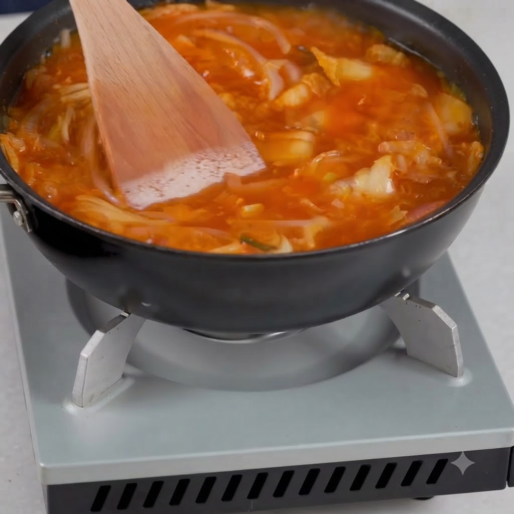 Soup ingredients and seasonings being mixed together in a pan using a wooden spatula.