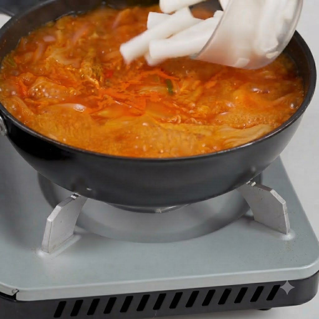 Pre-boiled white rice cakes being added directly into a pot of bubbling red kimchi soup.