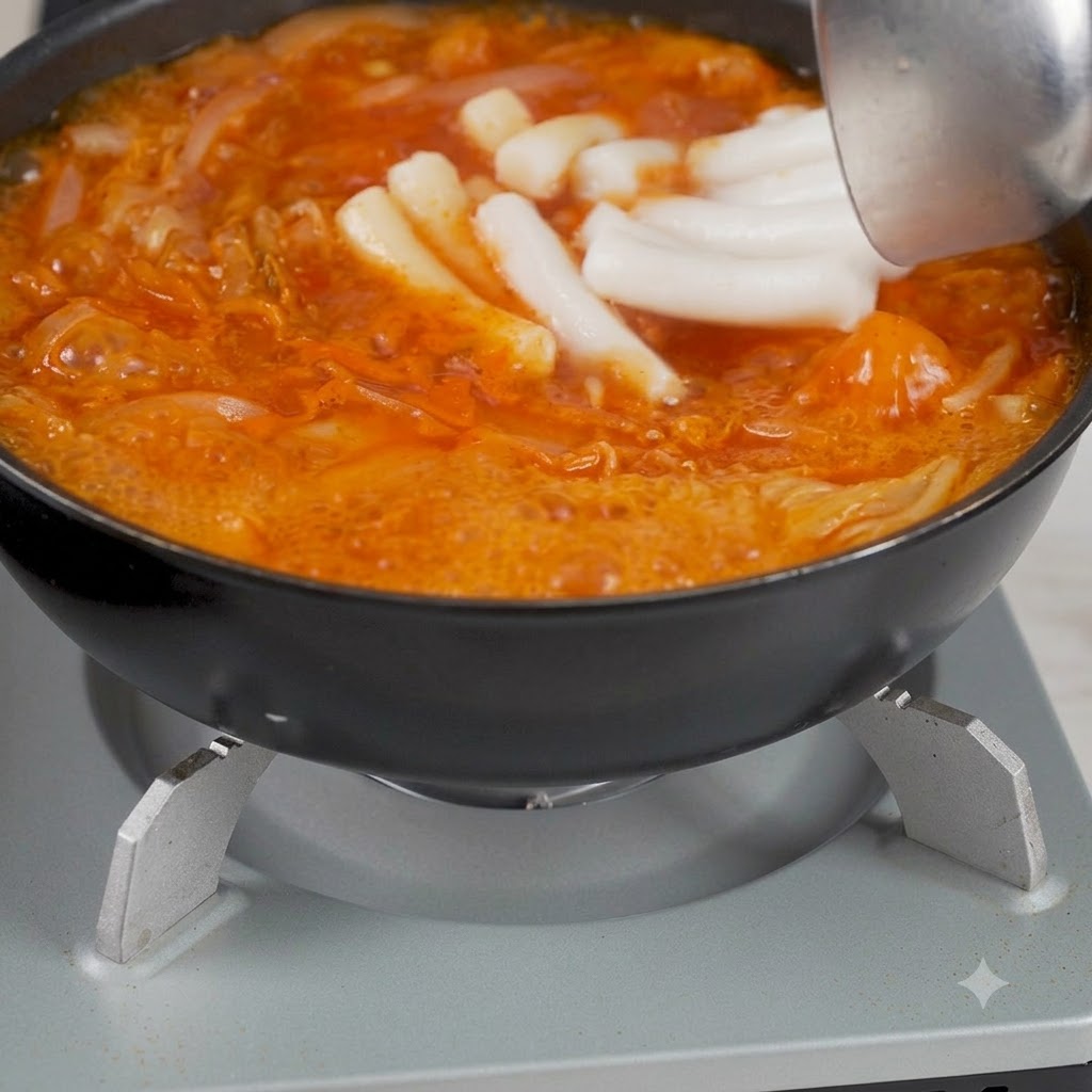 Korean kimchi dumplings being added to the pot using a kitchen tool.