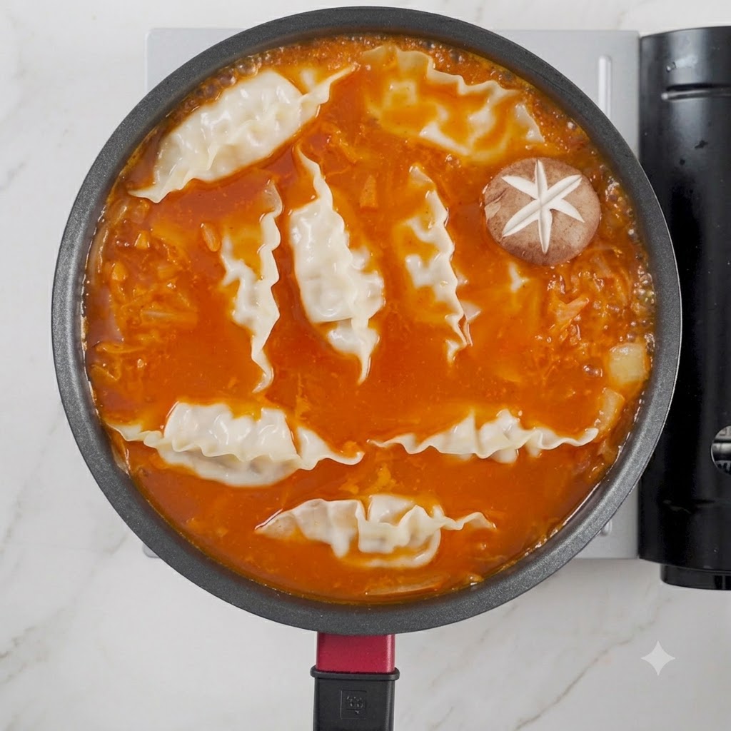 Shiitake mushrooms with carved patterns arranged neatly on top of the soup.