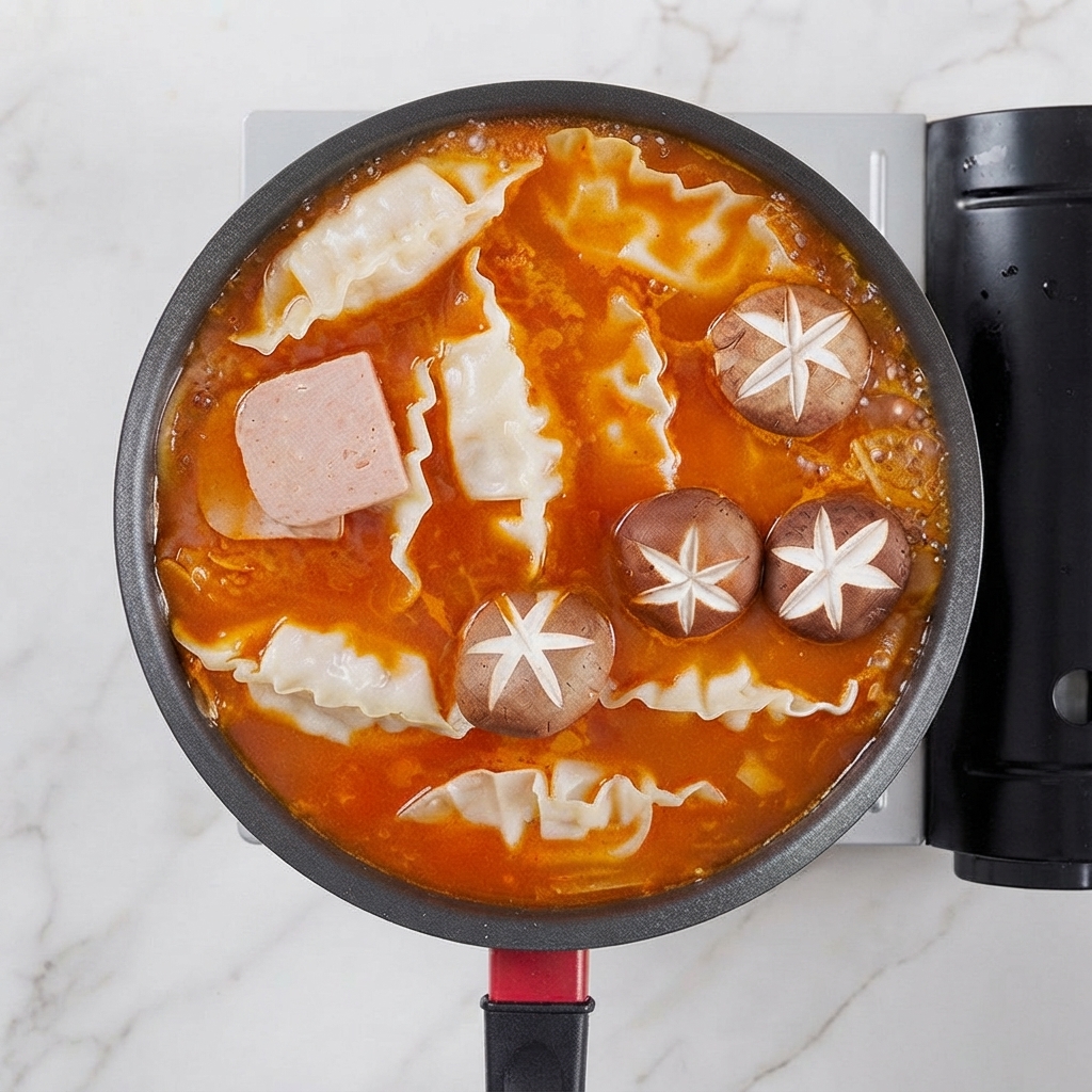 Top-down view of dumplings, luncheon meat, and shiitake mushrooms arranged in a pan of bubbling kimchi soup.