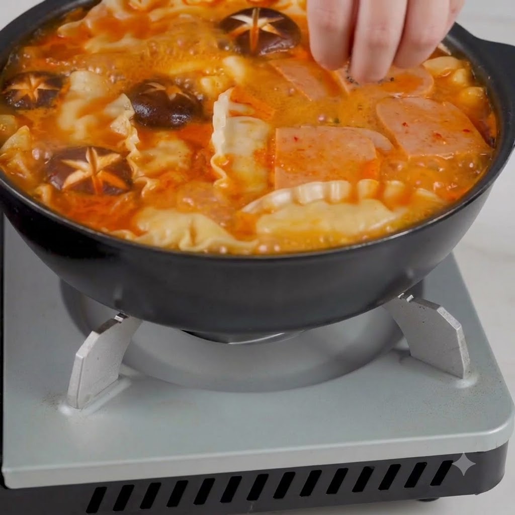 A hand sprinkling sesame seeds and chopped green onions over a bubbling pan of Korean kimchi soup.