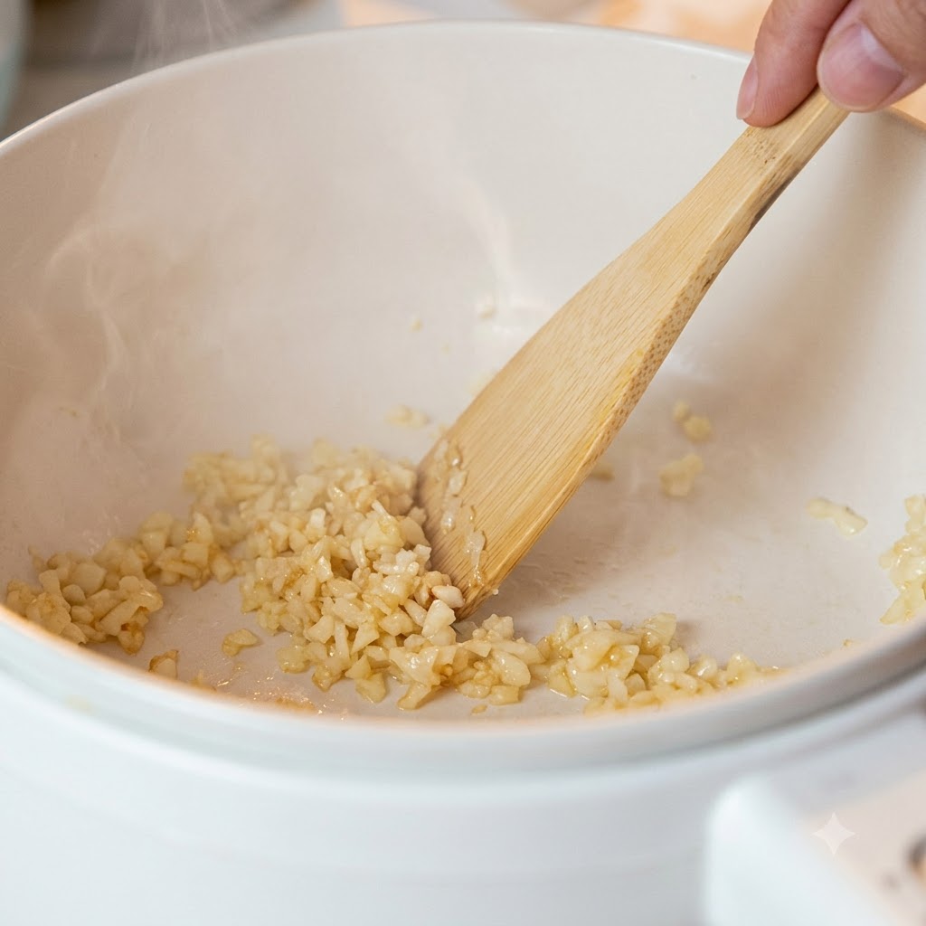 Minced garlic frying in a pot and being stirred by a wooden spatula.