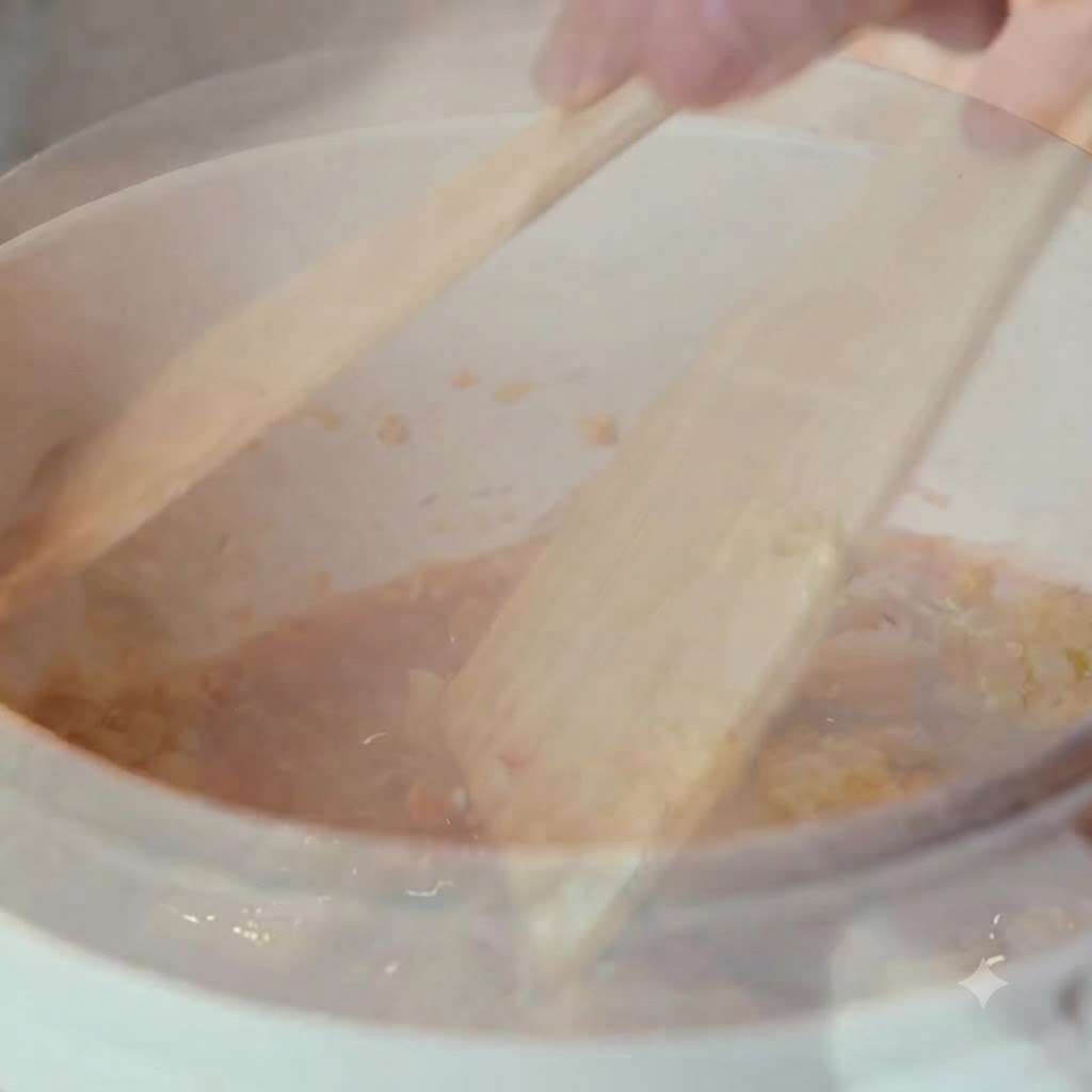 Chopped kimchi being mixed into the pot using wooden spatulas.