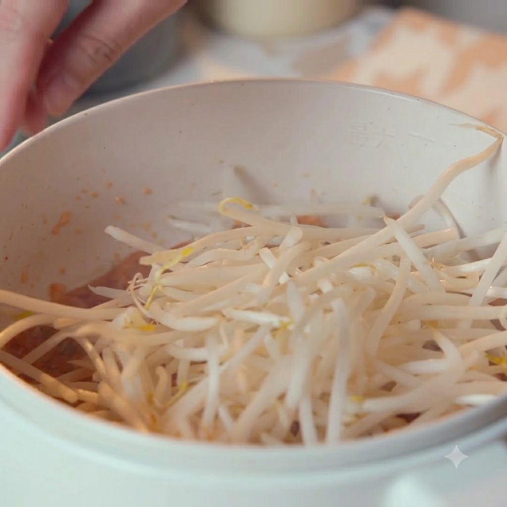 A handful of fresh bean sprouts being piled over the kimchi in the pot.