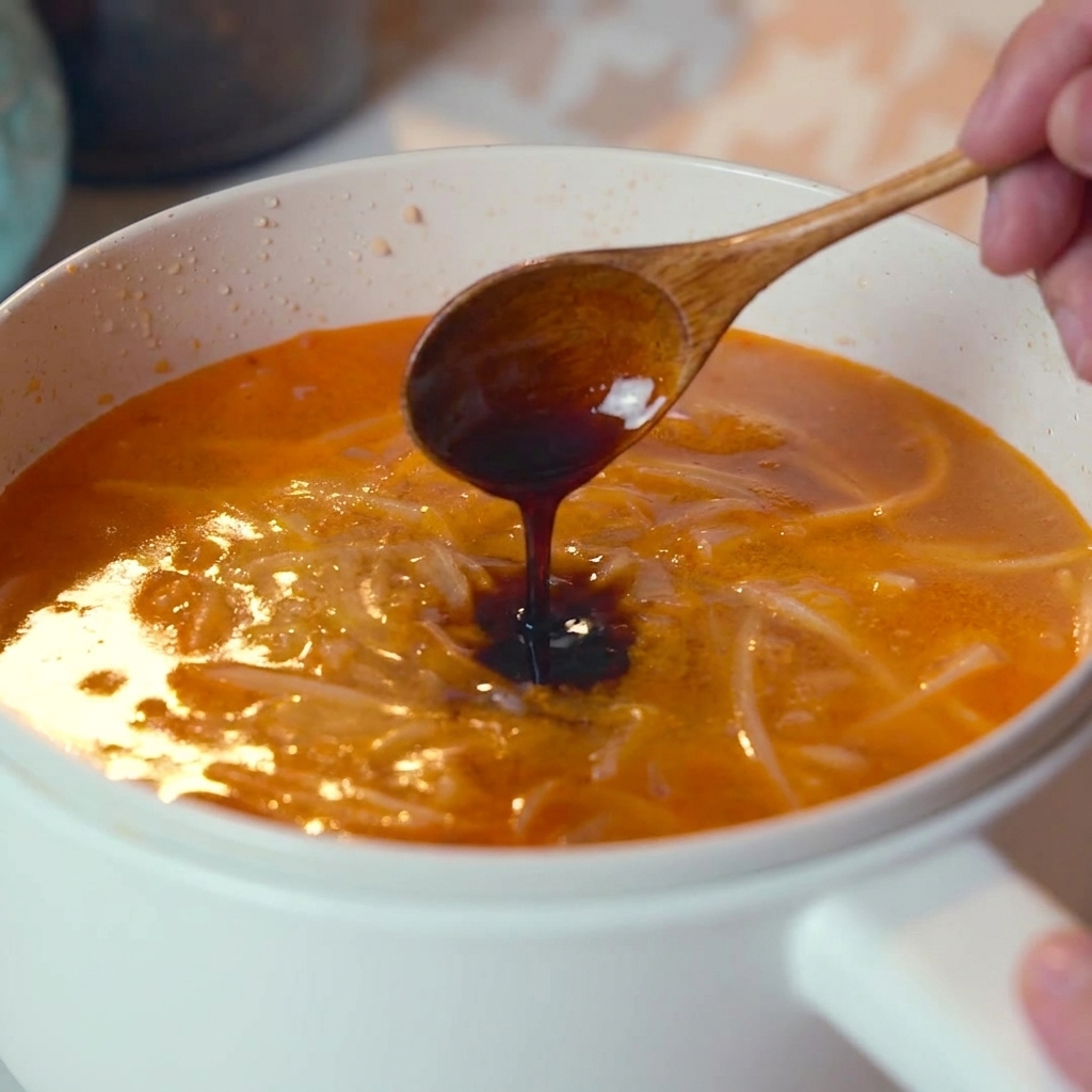 Soy sauce being poured with a wooden spoon into the bubbling orange soup base.