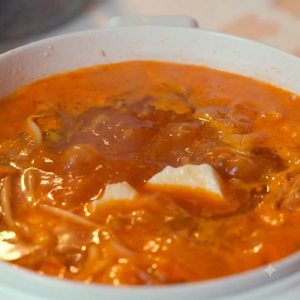 Pieces of soft tofu floating in the simmering orange soup.