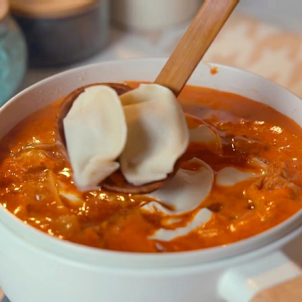 A wooden spoon lifting two fresh dumplings over a pot of steaming red kimchi soup.