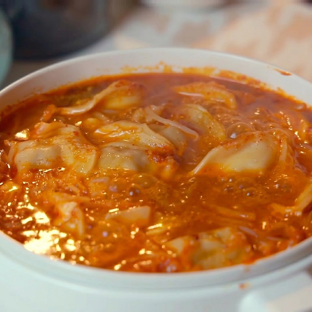 A bubbling pot of spicy kimchi and dumpling soup being garnished with white sesame seeds and chopped green onions.