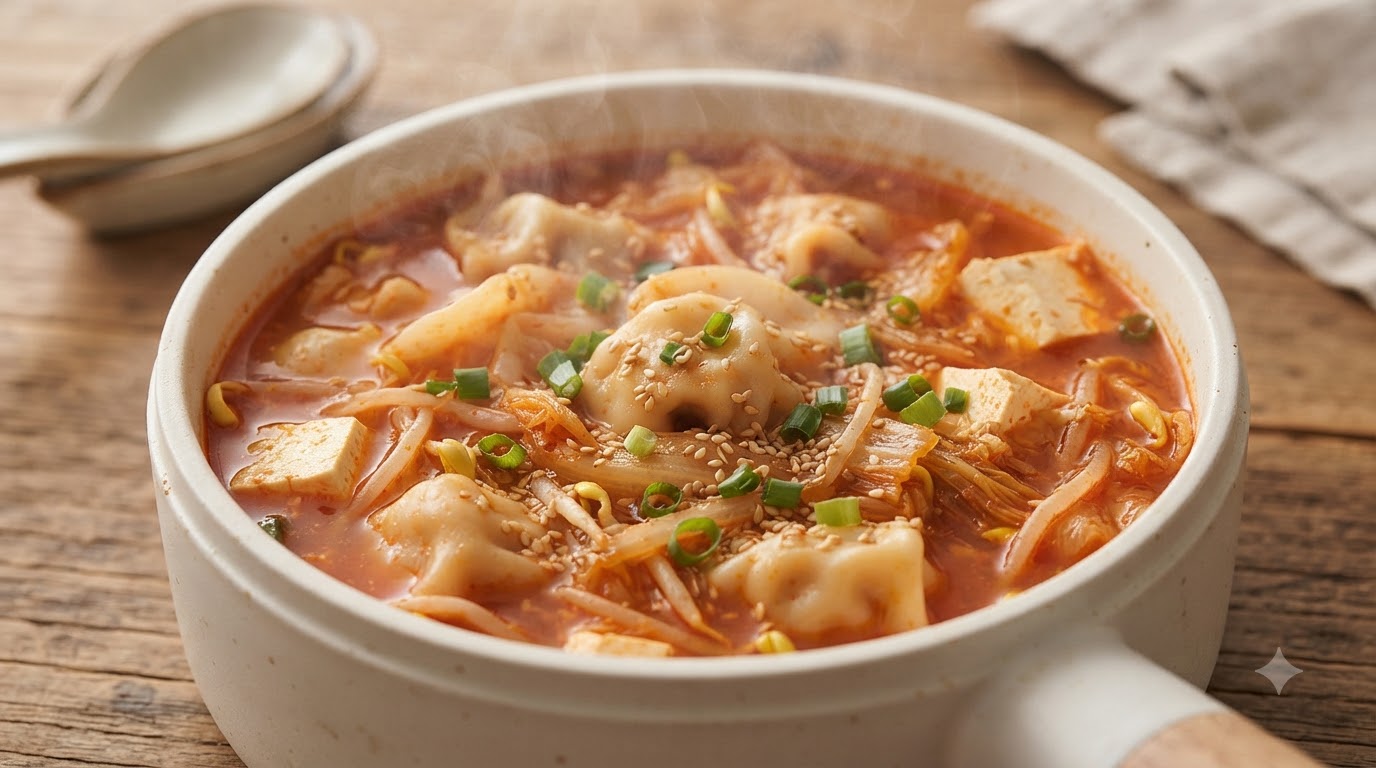 Spicy Korean Kimchi Dumpling Soup (Mandu-guk)