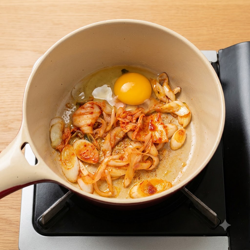 Two whole cracked eggs sitting inside a pot amidst stir-fried kimchi and scallions.