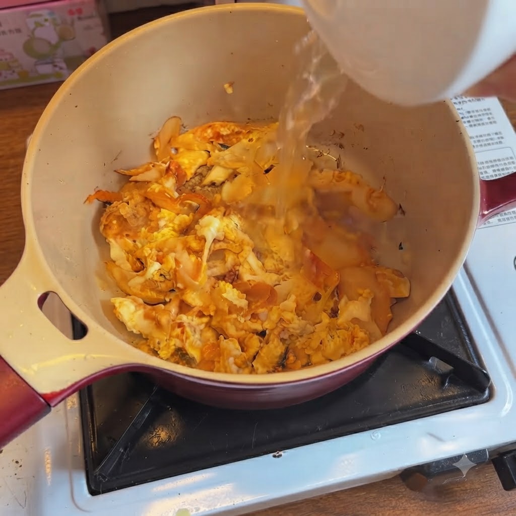 Hot water being poured from a white container into the pot containing cooked kimchi and eggs.