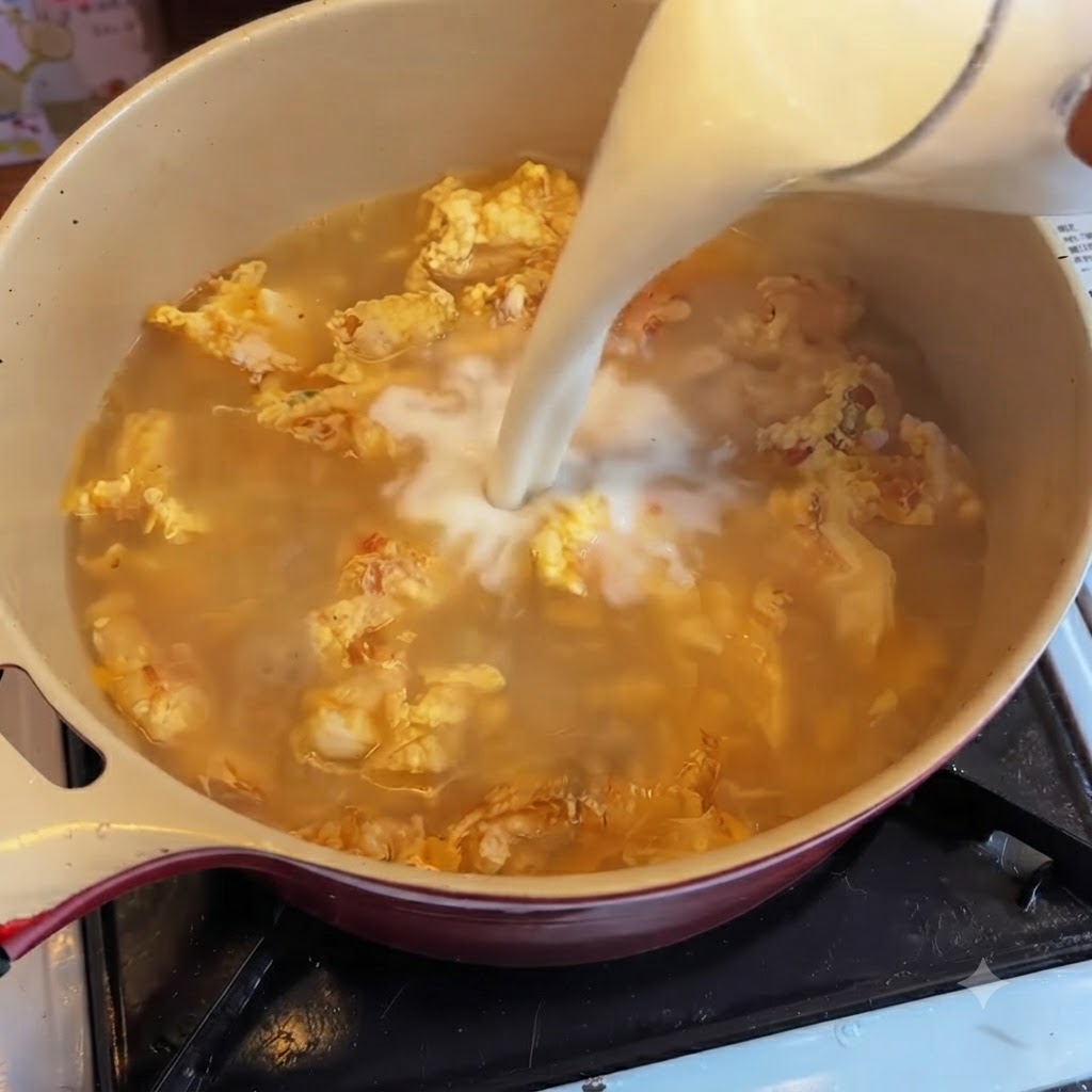 Milk being poured from a cup into the simmering pot of soup, creating a cloudy swirl.