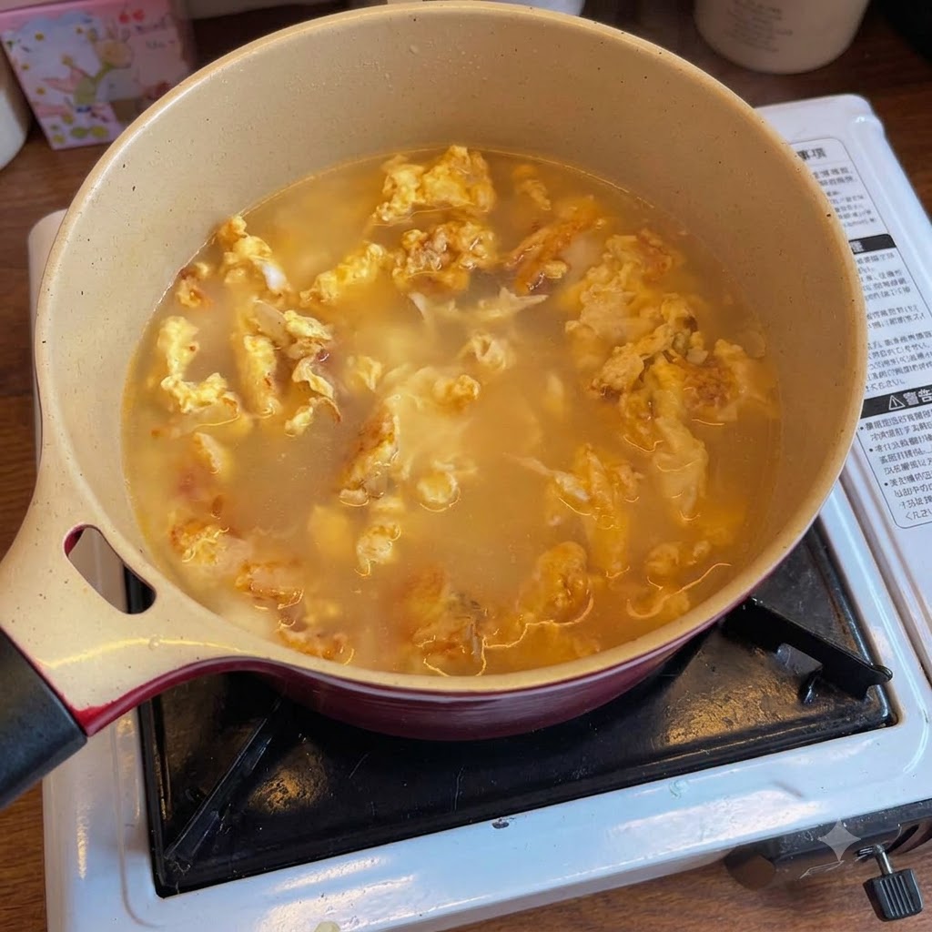 A pot of light-colored seasoned broth with cooked ingredients simmering on the stove.