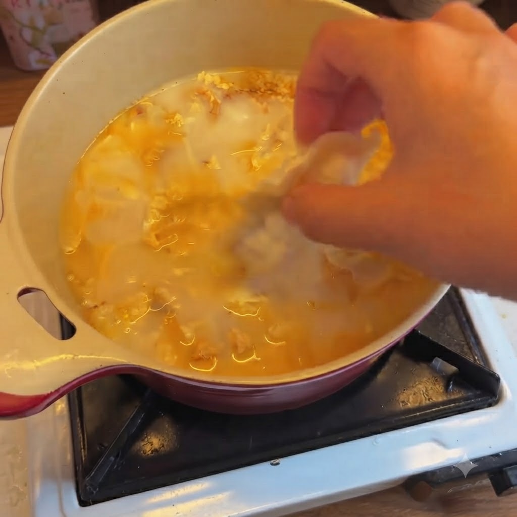 A hand dropping a kimchi dumpling into a pot of simmering milky orange soup base.