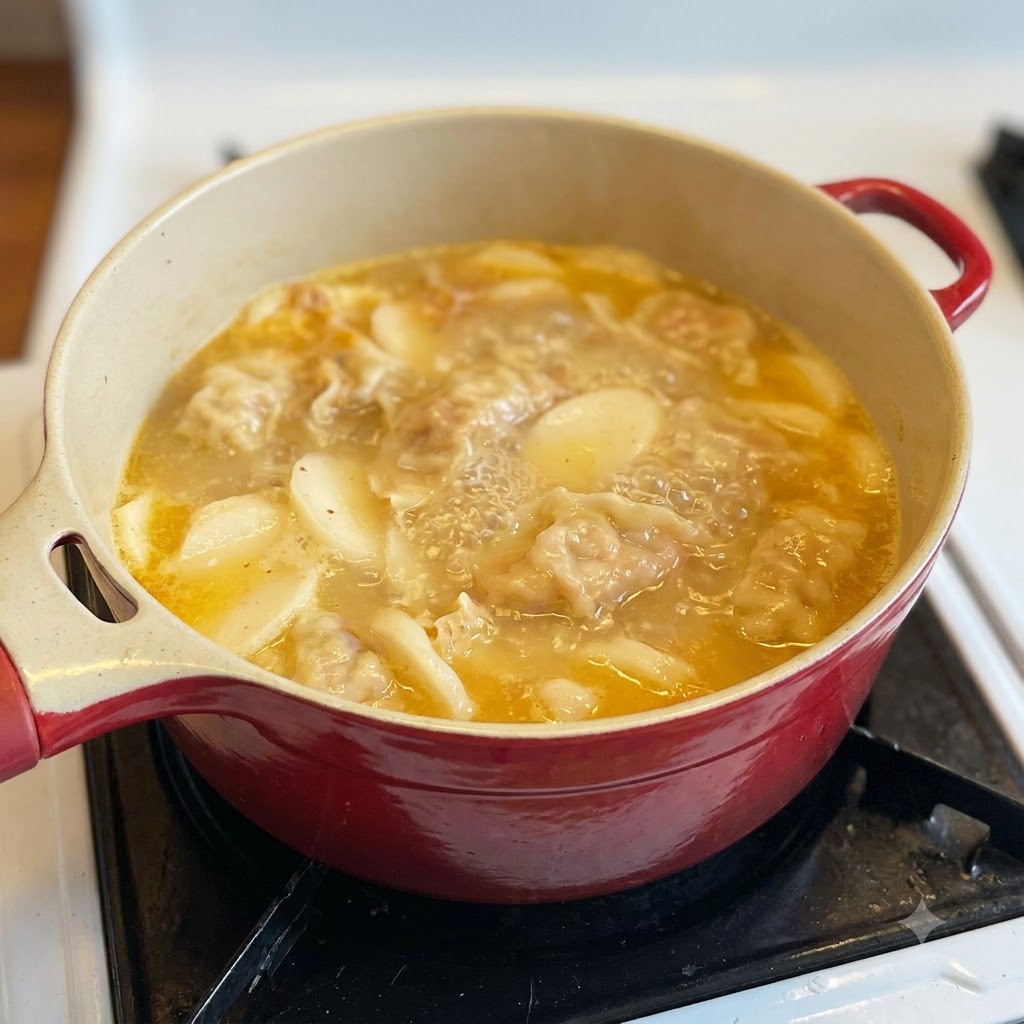 Sliced rice cakes and kimchi dumplings boiling together in a rich orange soup base inside a red pot.