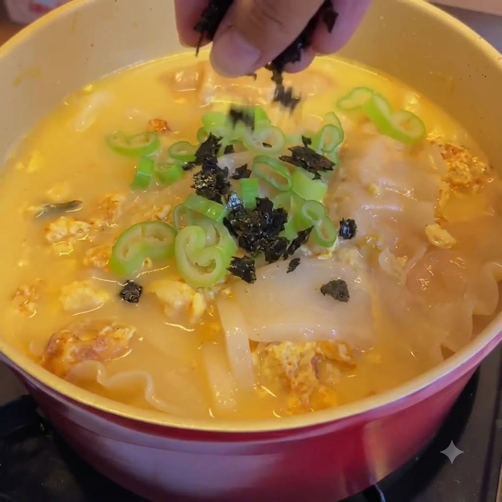 A hand sprinkling crushed seaweed over fresh green scallions on top of a rich kimchi dumpling and rice cake soup.