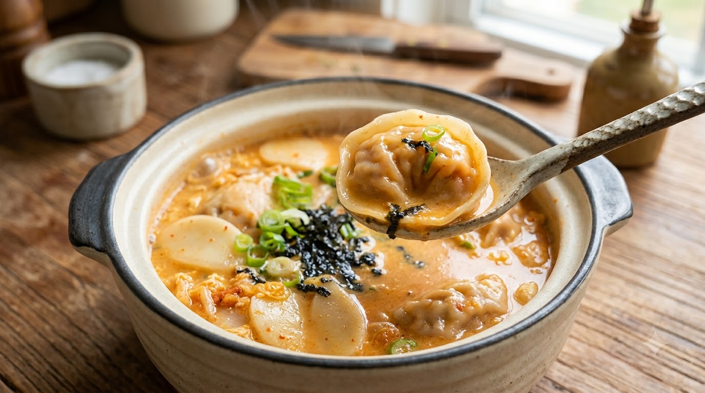 Creamy Kimchi Rice Cake & Dumpling Soup