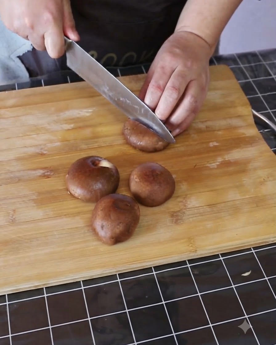 Whole shiitake mushrooms being sliced into smaller pieces on a wooden cutting board.