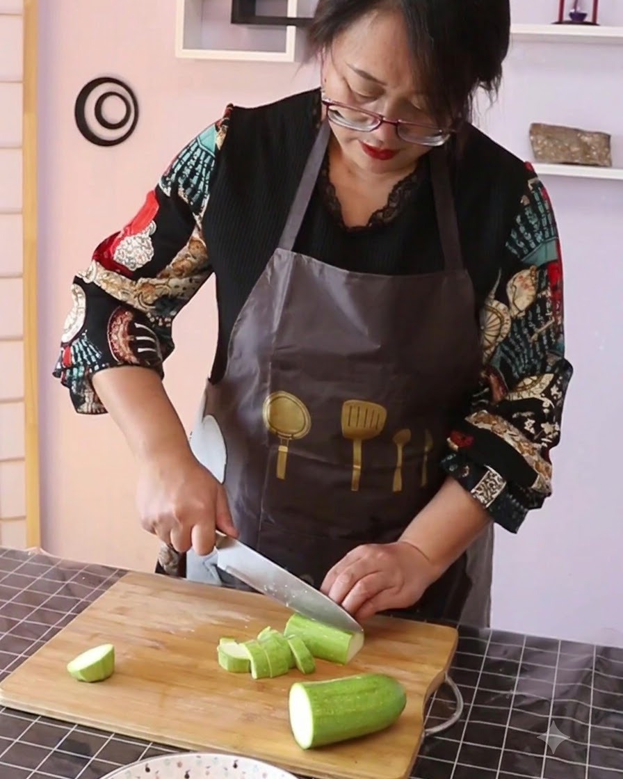 Green zucchini being sliced into chunks on a wooden cutting board.